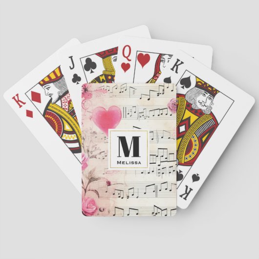 Muzieknoten en Rozen  Ontwerp Monogram Pokerkaarten (Achterkant)