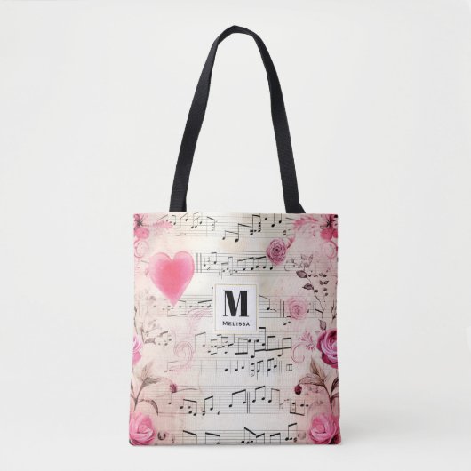 Muzieknoten en Rozen Ontwerp Monogram Tote Bag (Voorkant)