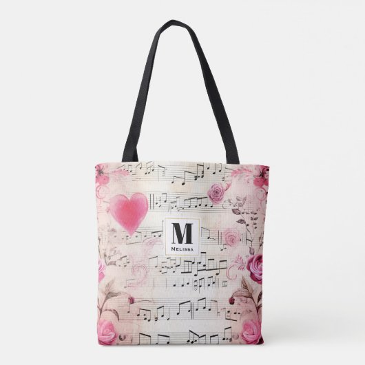 Muzieknoten en Rozen Ontwerp Monogram Tote Bag (Achterkant)