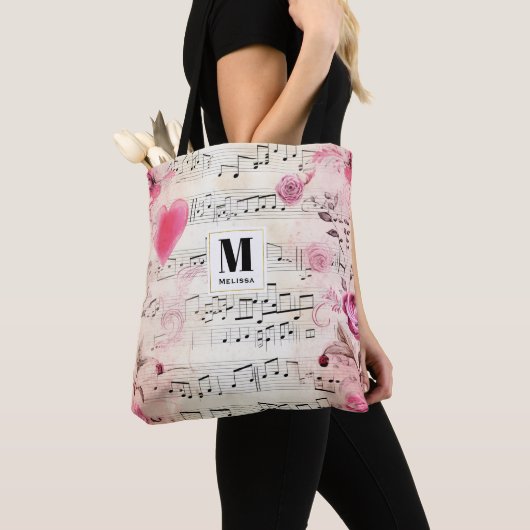 Muzieknoten en Rozen Ontwerp Monogram Tote Bag (Dichtbij)