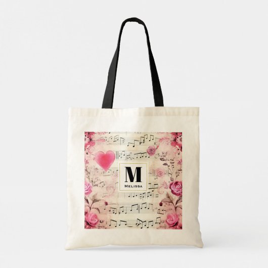 Muzieknoten en Rozen Ontwerp Monogram Tote Bag (Achterkant)