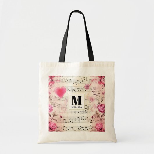 Muzieknoten en Rozen  Ontwerp Monogram Tote Bag (Voorkant)