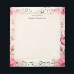 Muzieknoten en Rozen  ontwerp Notitieblok<br><div class="desc">Een notitieblok met een elegant en nostalgisch design. Muziekblad versierd met roze rozen en wilde bloemen rond de randen.</div>