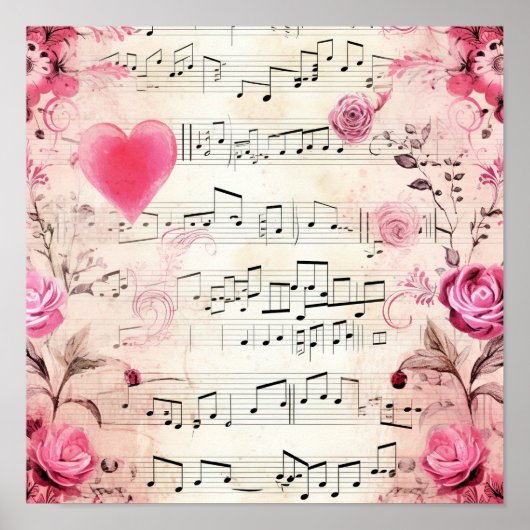 Muzieknoten en Rozen  ontwerp Poster (Voorkant)