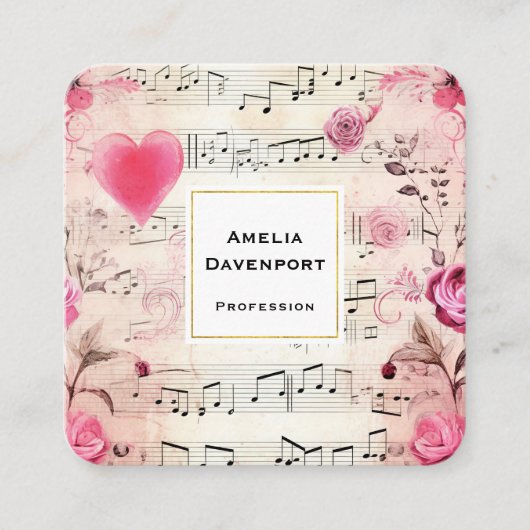 Muzieknoten en Rozen  ontwerp Vierkante Visitekaartje (Voorkant)