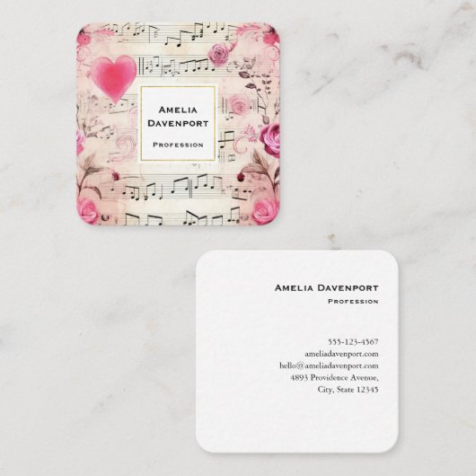 Muzieknoten en Rozen  ontwerp Vierkante Visitekaartje (Voorkant / Achterkant)