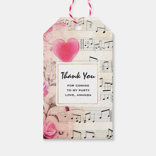 Muzieknoten en Rozen  Partij Dank u Cadeaulabel (Voorkant)