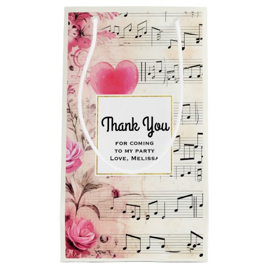 Muzieknoten en Rozen  Partij Dank u Klein Cadeauzakje (Voorkant)