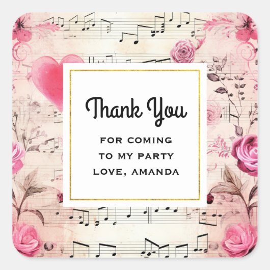 Muzieknoten en Rozen  Partij Dank u Vierkante Sticker (Voorkant)