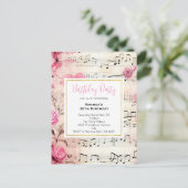 Muzieknoten en Rozen  Verjaardagsuitnodiging Briefkaart (Staand voorkant)