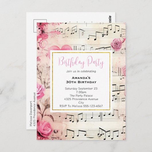 Muzieknoten en Rozen  Verjaardagsuitnodiging Briefkaart (Voorkant / Achterkant)