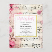 Muzieknoten en Rozen  Verjaardagsuitnodiging Briefkaart (Voorkant)