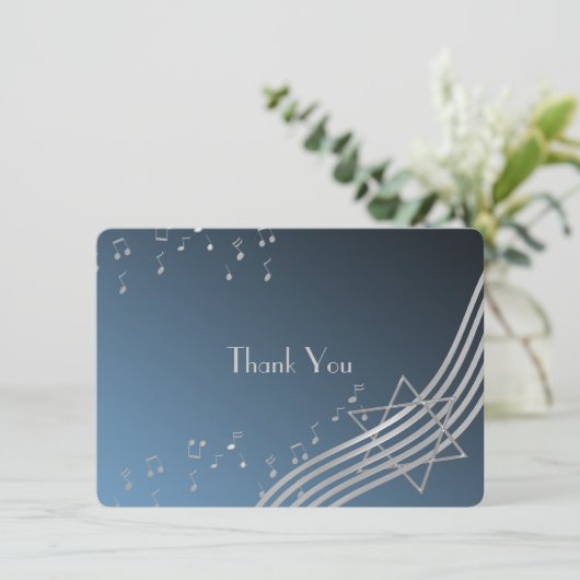 Muzieknoten Flat Kaart Bar Mitzvah Dank u Silver (Staand voorkant)