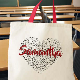Muzieknoten Hart w / Rood Script Naam Bladmuziek Tote Bag