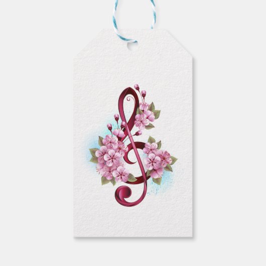 Muzieknoten in de sopraanklef met Sakura-bloemen Cadeaulabel (Achterkant)