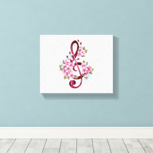 Muzieknoten in de sopraanklef met Sakura-bloemen Canvas Afdruk (Insitu (Houten vloer))