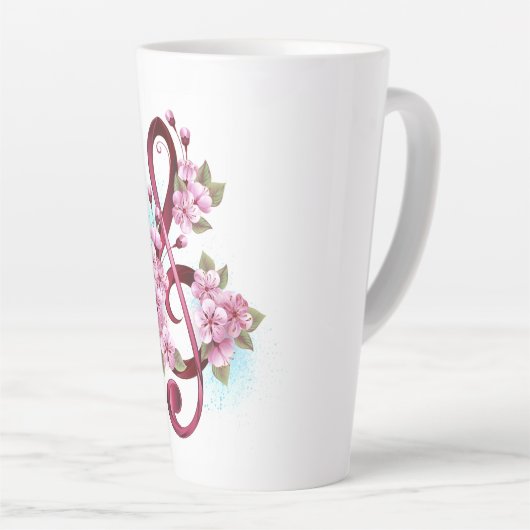 Muzieknoten in de sopraanklef met Sakura bloemen Latte Mok (Rechterhoek)