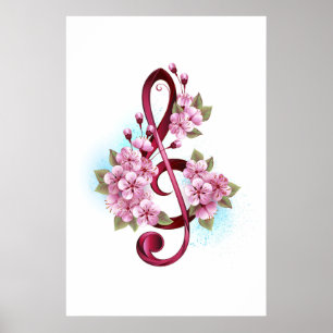 Muzieknoten in de sopraanklef met Sakura-bloemen Poster