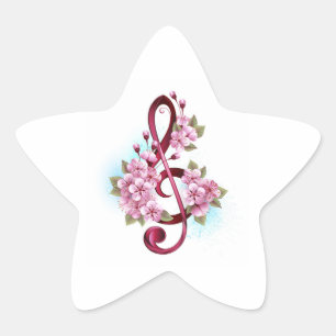 Muzieknoten in de sopraanklef met Sakura-bloemen Ster Sticker