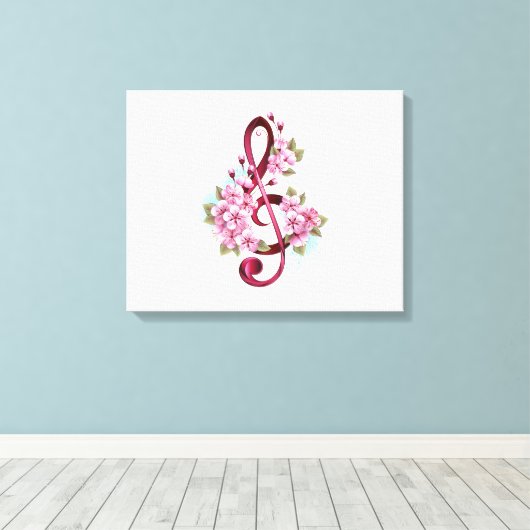 Muzieknoten in sopraan sleutel met Sakura bloemen Canvas Afdruk (Insitu (Houten vloer))