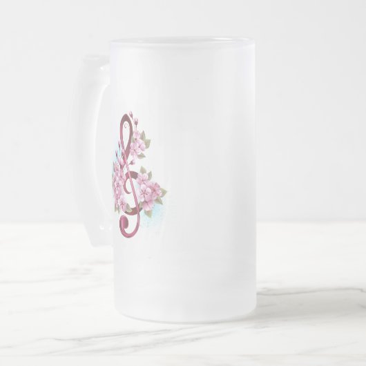 Muzieknoten in sopraan sleutel met Sakura bloemen Matglas Bierpul (Voorkant links)