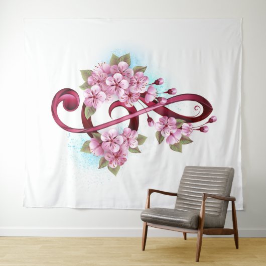 Muzieknoten in sopraan sleutel met Sakura bloemen Wandkleed (In Situ (horizontaal))