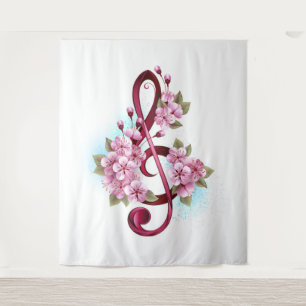 Muzieknoten in sopraan sleutel met Sakura bloemen Wandkleed