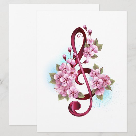 Muzieknoten in vioolsleutel met Sakura bloemen Aankondiging (Voorkant / Achterkant)