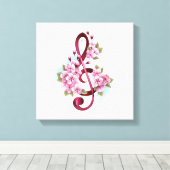 Muzieknoten in vioolsleutel met Sakura bloemen Canvas Afdruk (Insitu (Houten vloer))