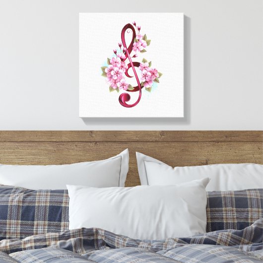Muzieknoten in vioolsleutel met Sakura bloemen Canvas Afdruk (Insitu (Slaapkamer))
