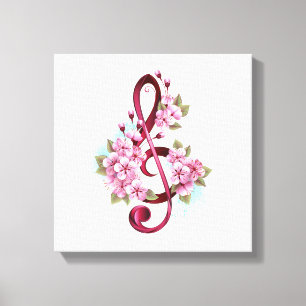 Muzieknoten in vioolsleutel met Sakura bloemen Canvas Afdruk