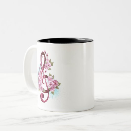 Muzieknoten in vioolsleutel met Sakura bloemen Tweekleurige Koffiemok (Voorkant links)