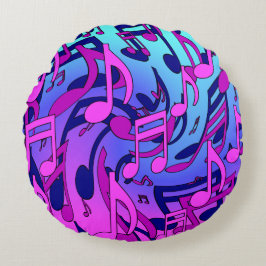 Muzieknoten Levendig Roze Blauw Paars Aqua Patroon Rond Kussen