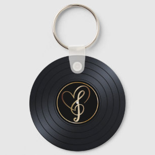 Muzieknoten met goudhart vinylrecord sleutelhanger