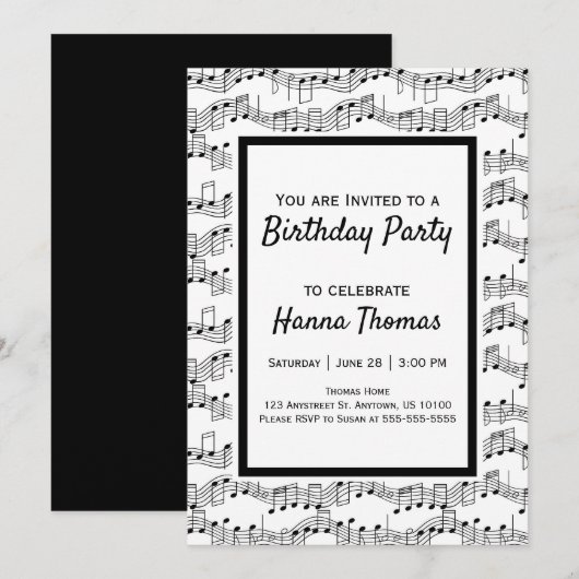 Muzieknoten Musical Birthday Invitation Kaart (Voorkant / Achterkant)