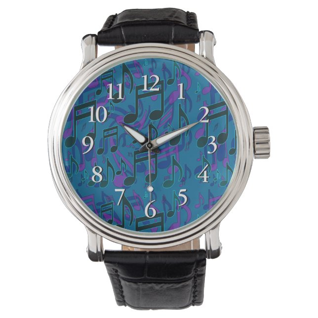 Muzieknoten Musical Pattern Blue Green Paars Horloge (Voorkant)