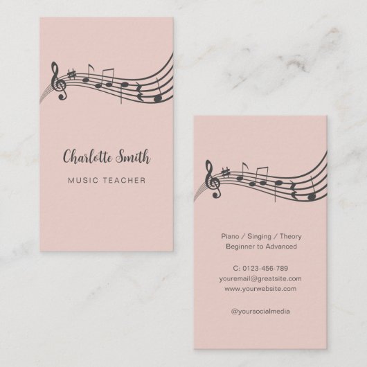 Muzieknoten Muziekleraar Elegant Blush Roze Visitekaartje (Voorkant / Achterkant)