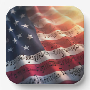 Muzieknoten op een Amerikaanse vlag Papieren Bordje