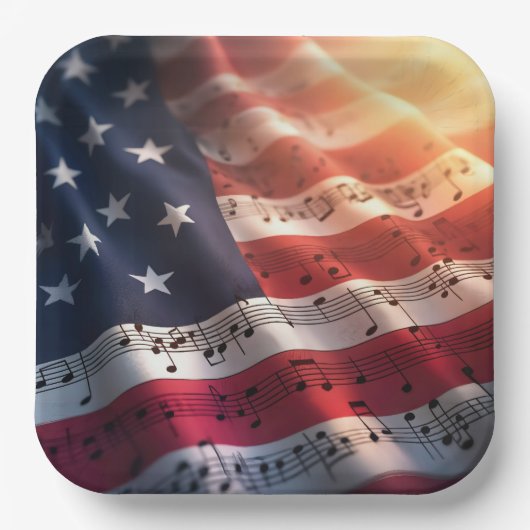 Muzieknoten op een Amerikaanse vlag Papieren Bordje (Voorkant)