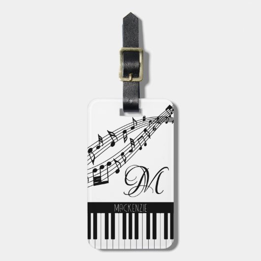 Muzieknoten Piano Monogram Naam Aangepaste kleur Bagagelabel (Voorkant verticaal)