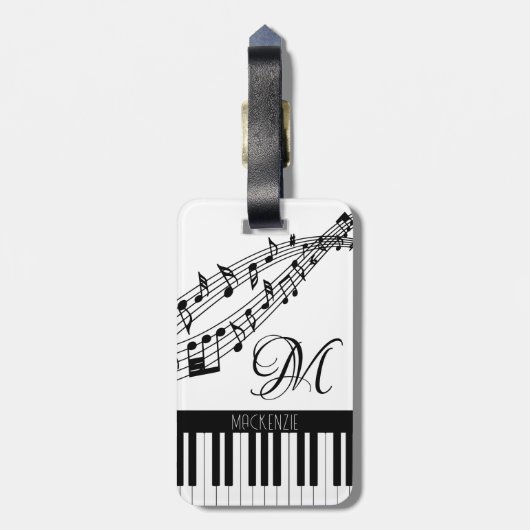 Muzieknoten Piano Monogram Naam Aangepaste kleur Bagagelabel (Achterkant verticaal)