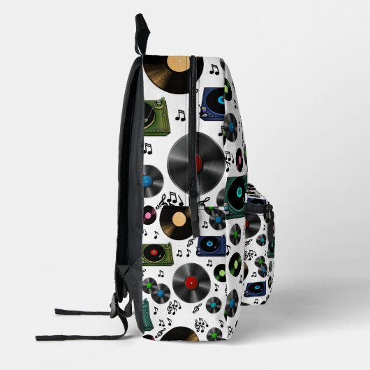 Muzieknoten, platenalbums en spelers bedrukte rugzak (Links)