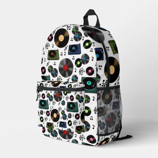 Muzieknoten, platenalbums en spelers bedrukte rugzak (Achterkant Hoek Rechts)