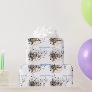 Muzieknoten Schaal Blauwe Waterverf Bloemen Cadeaupapier