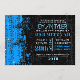 muzieknoten Stars Bar Mitzvah Invitation blue Kaart