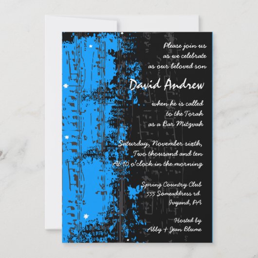 muzieknoten Stars Bar Mitzvah Invitation blue Kaart (Voorkant)