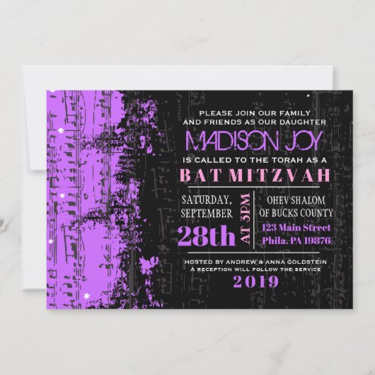 Muzieknoten Stars Bar Mitzvah Invitation Violet Kaart (Voorkant)