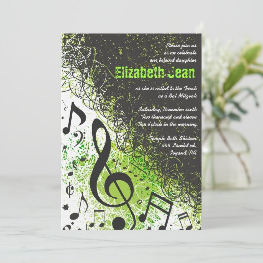 muzieknoten Stars Bar Mitzvah nodigt Neon Green2 u Kaart (Staand voorkant)