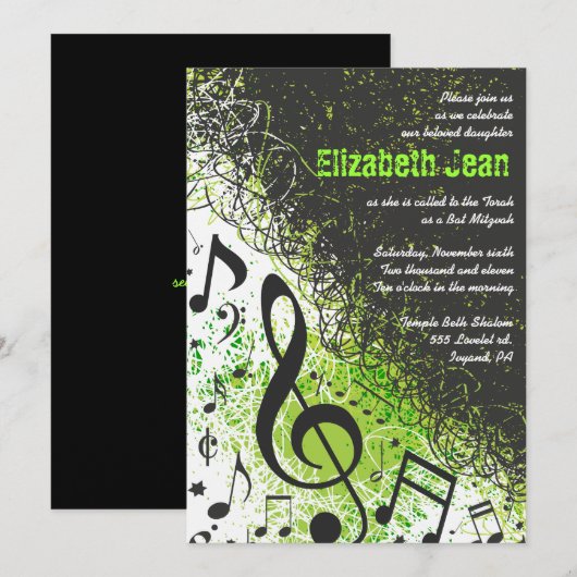 muzieknoten Stars Bar Mitzvah nodigt Neon Green2 u Kaart (Voorkant / Achterkant)