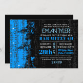 Muzieknoten Sterren Bar Mitswa Uitnodiging blauw (Voorkant / Achterkant)